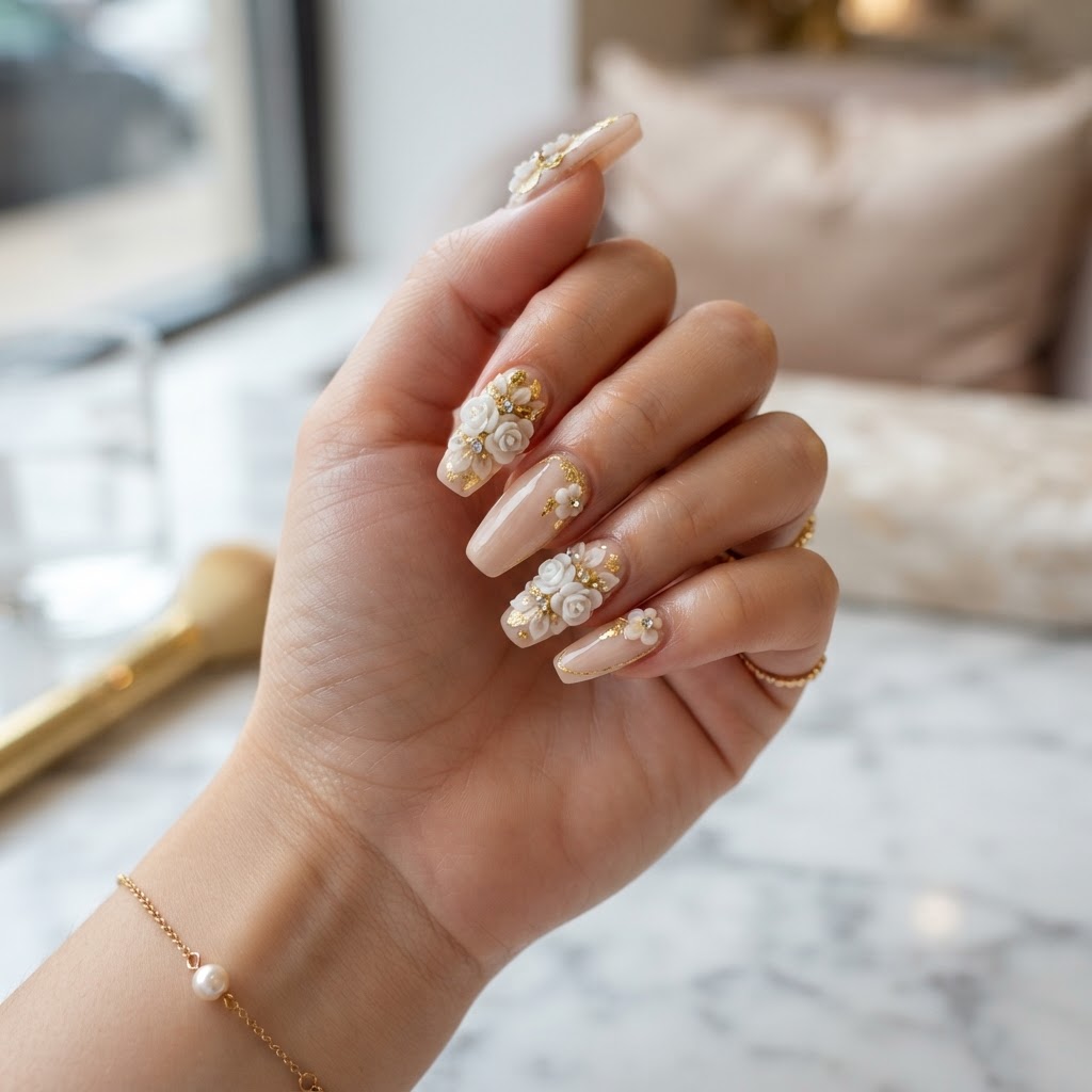 Luxury coffin-shaped nails with 3d artistic detailing.