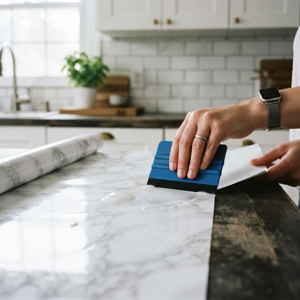 Peel-and-stick contact paper is a renter-friendly way to cover scratched countertops.