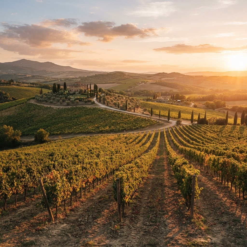 The golden hour transforms Tuscan vineyards into a masterpiece of light and shadow.