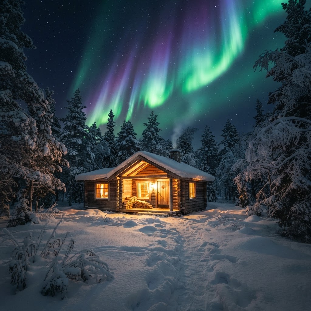When the Sky Turns Green in Norway: A Guide to the Aurora 3 A warm, inviting cabin nestled in the snowy wilderness during an aurora display.