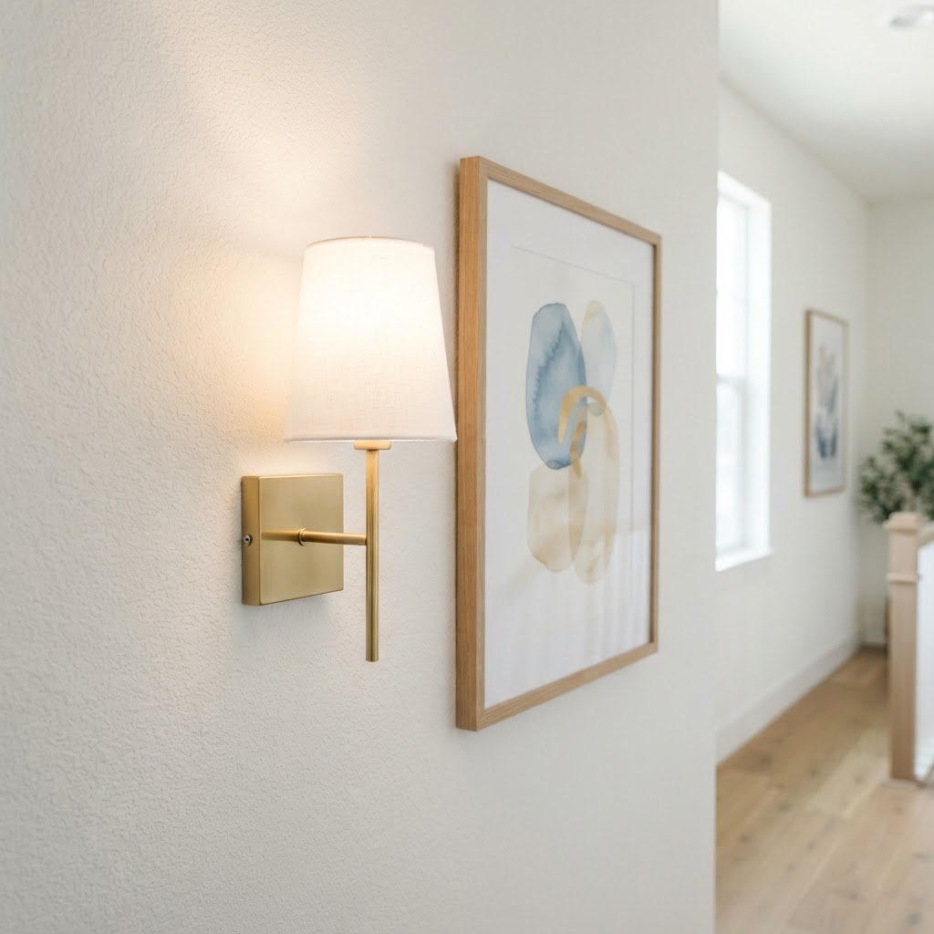 Layered lighting transforms a basic apartment hallway.