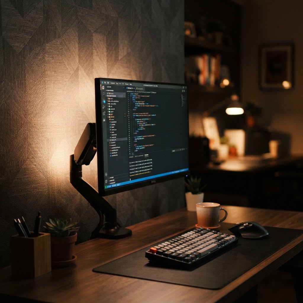 Smart bias lighting behind monitors helps reduce eye strain while adding a modern, moody aesthetic.