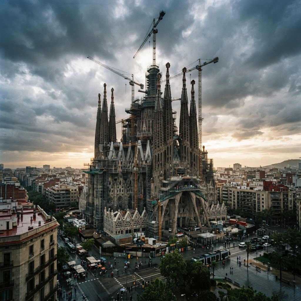 The ongoing construction of the tallest towers of the basilica.