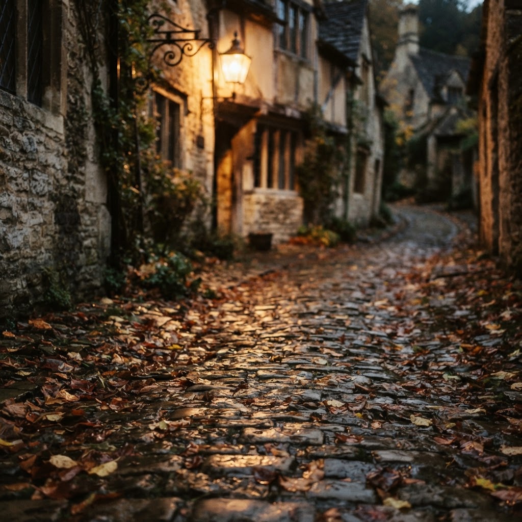 Cobbled village streets covered in a layer of crisp autumn leaves.