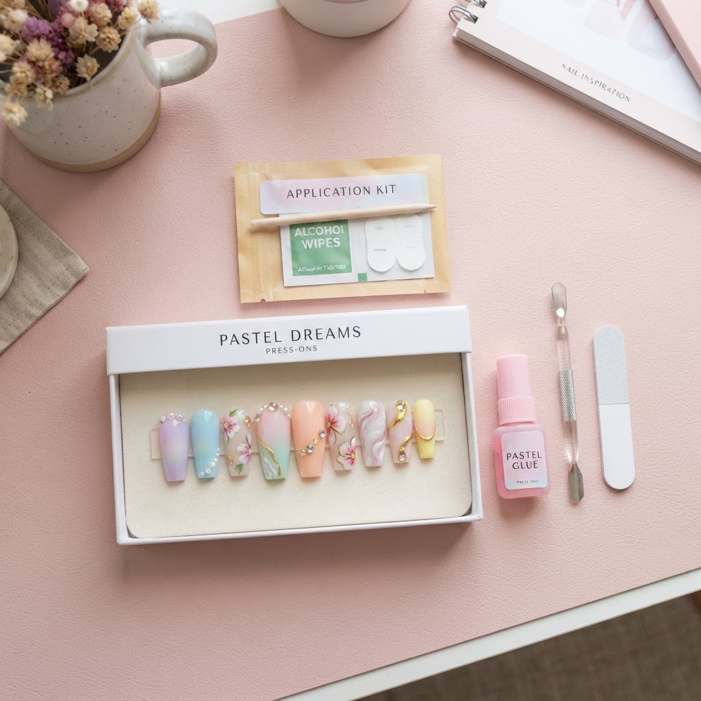 Essential kit for applying press-on nails.