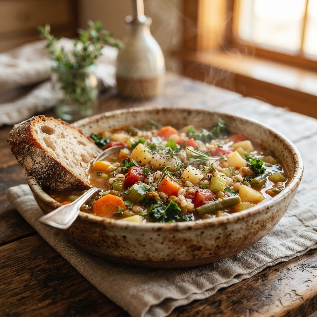 Steaming vegetable slow cooker soup bowl.