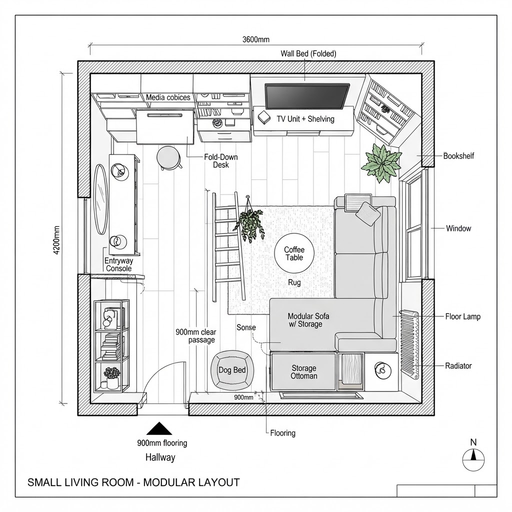 An efficient floor plan design for compact living rooms.