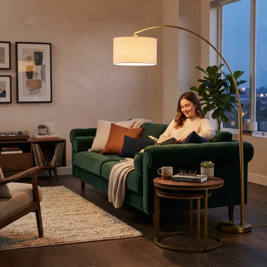 A statement floor lamp adds height and drama to the room.