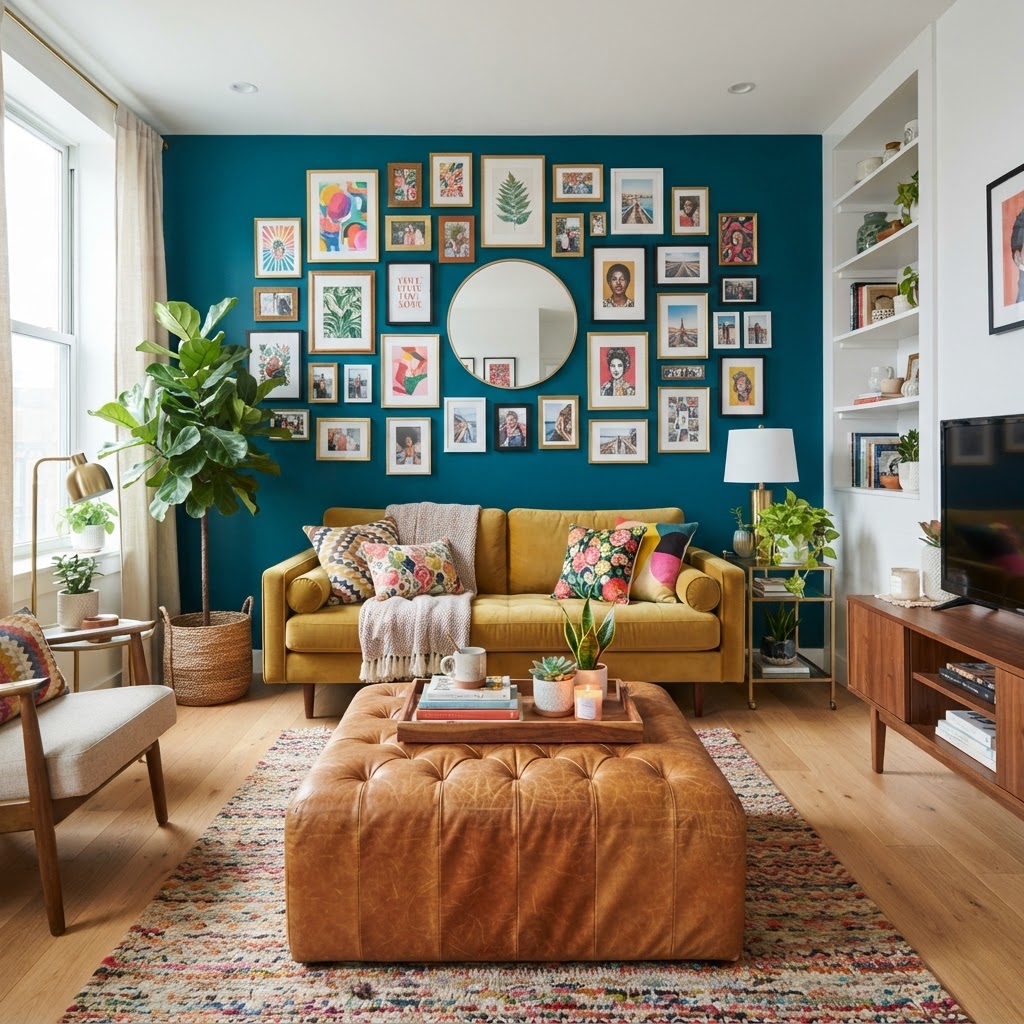 Bold decor adds personality to small rooms without cluttering.