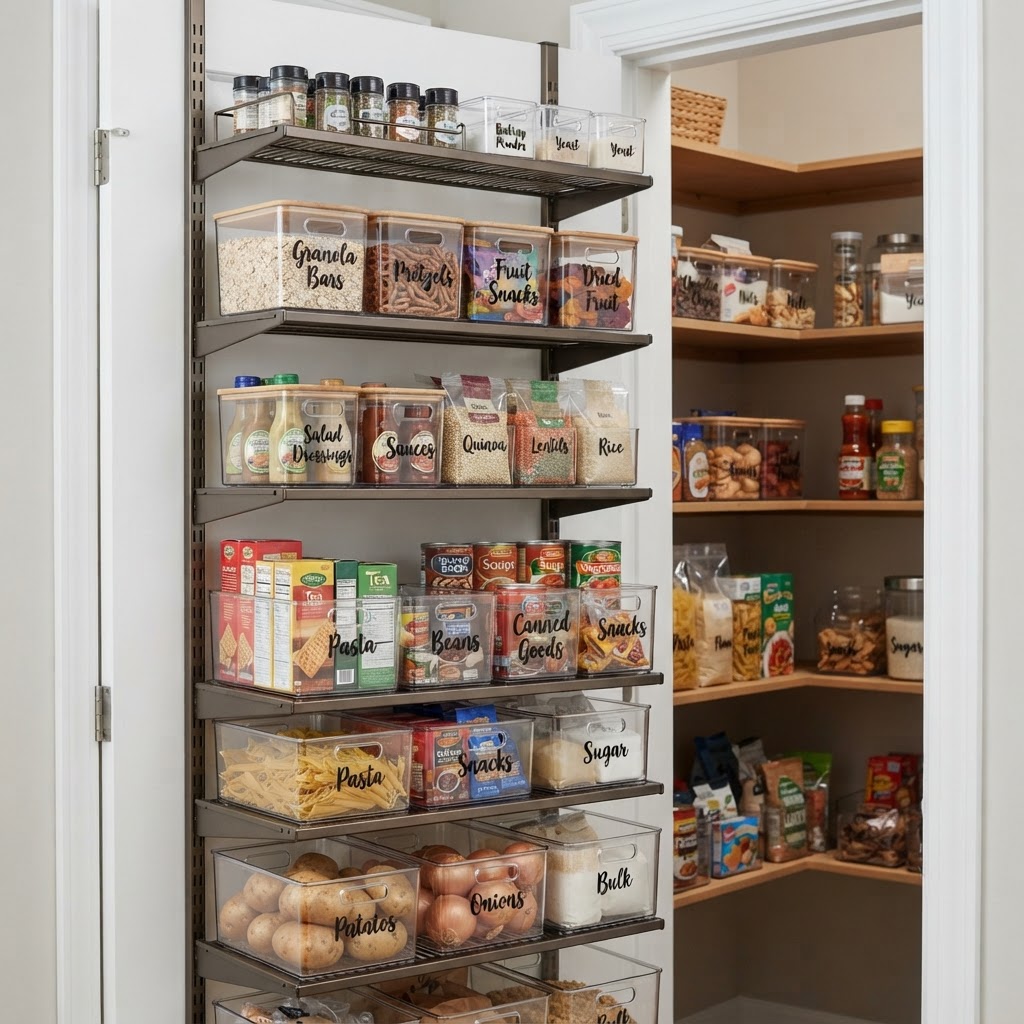 Customizable shelving tracks creating a perfectly organized small pantry.