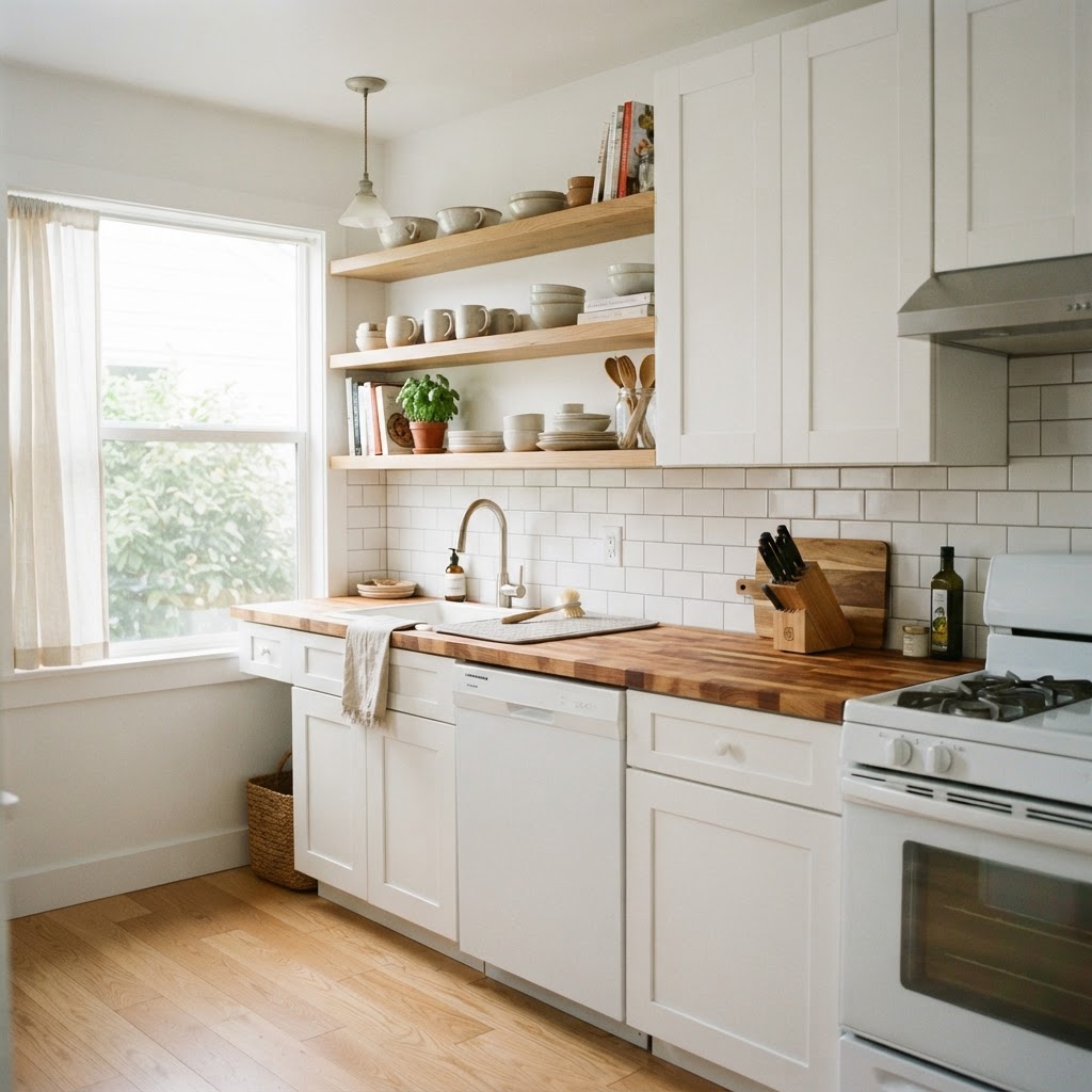 White cabinets paired with natural wood shelving.
