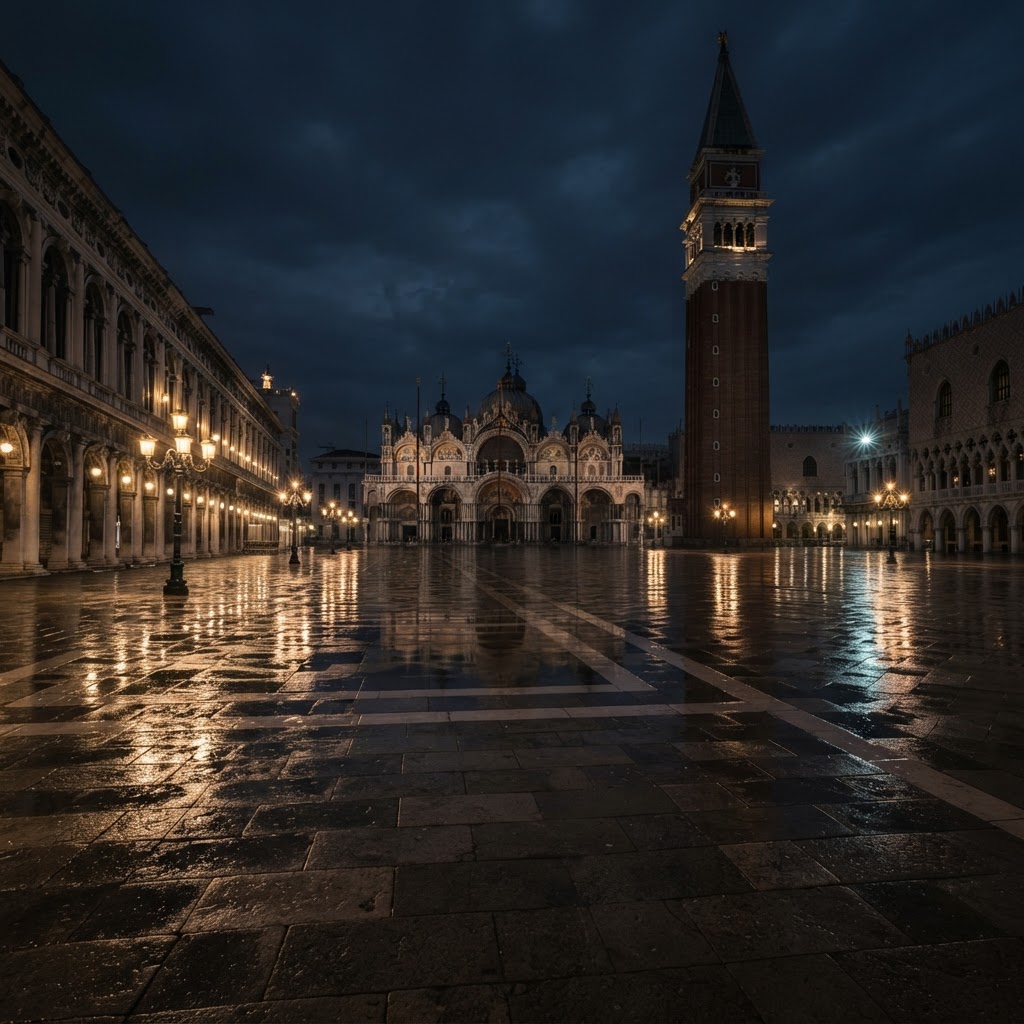 The empty, mystical beauty of St. Mark's Square at midnight.