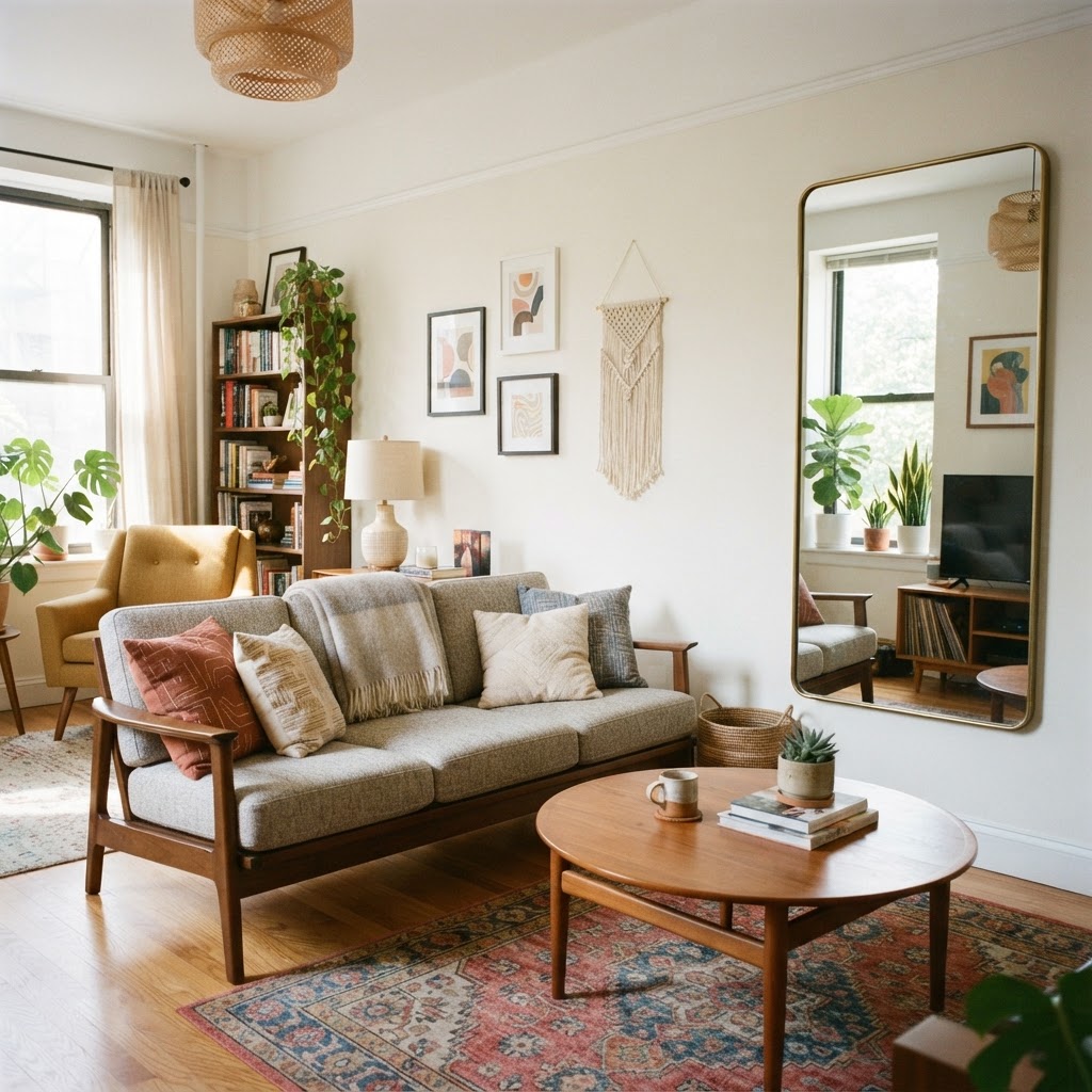 Use mirrors and light colors to open up a compact living space.