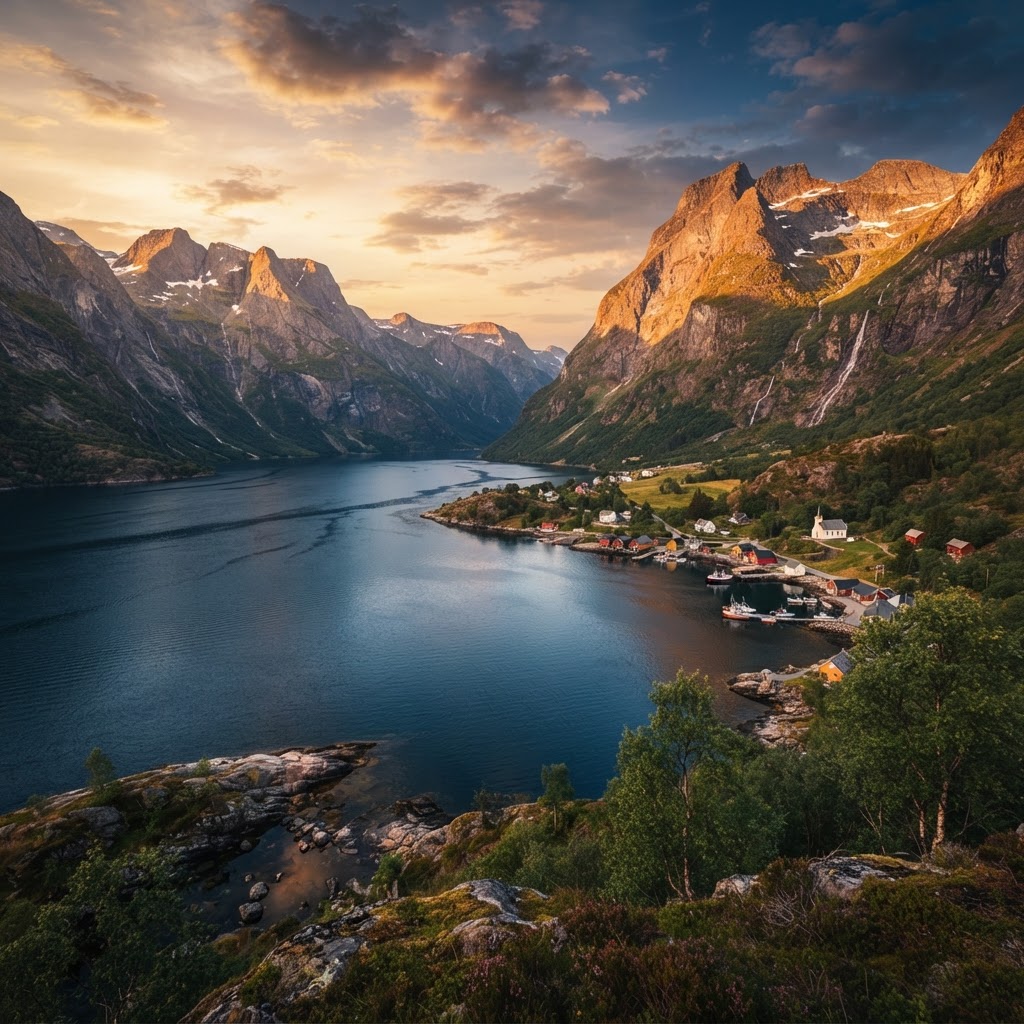 The golden hour in Norway transforms the fjords into glowing, dramatic landscapes.