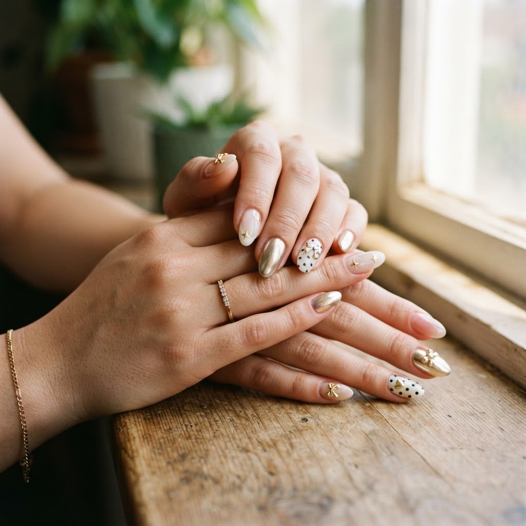 Trendy nail art featuring gold chrome accents and cute bow charms.