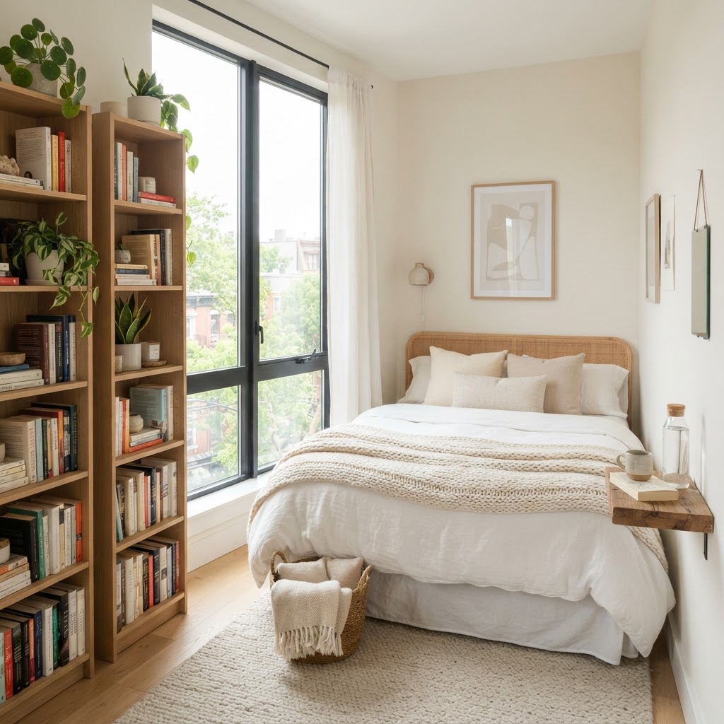 An 8x10 bedroom maximizing space with a corner bed and vertical storage.