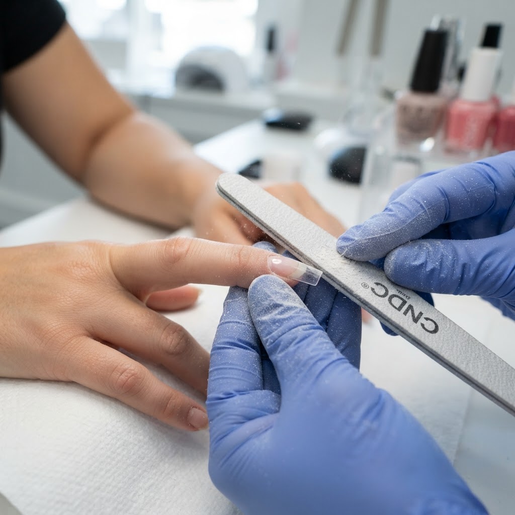 Carefully filing the contact area to blend the nail tip seamlessly.