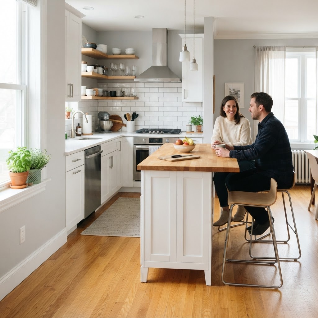 A slim island adds dining space without crowding a small floor plan.