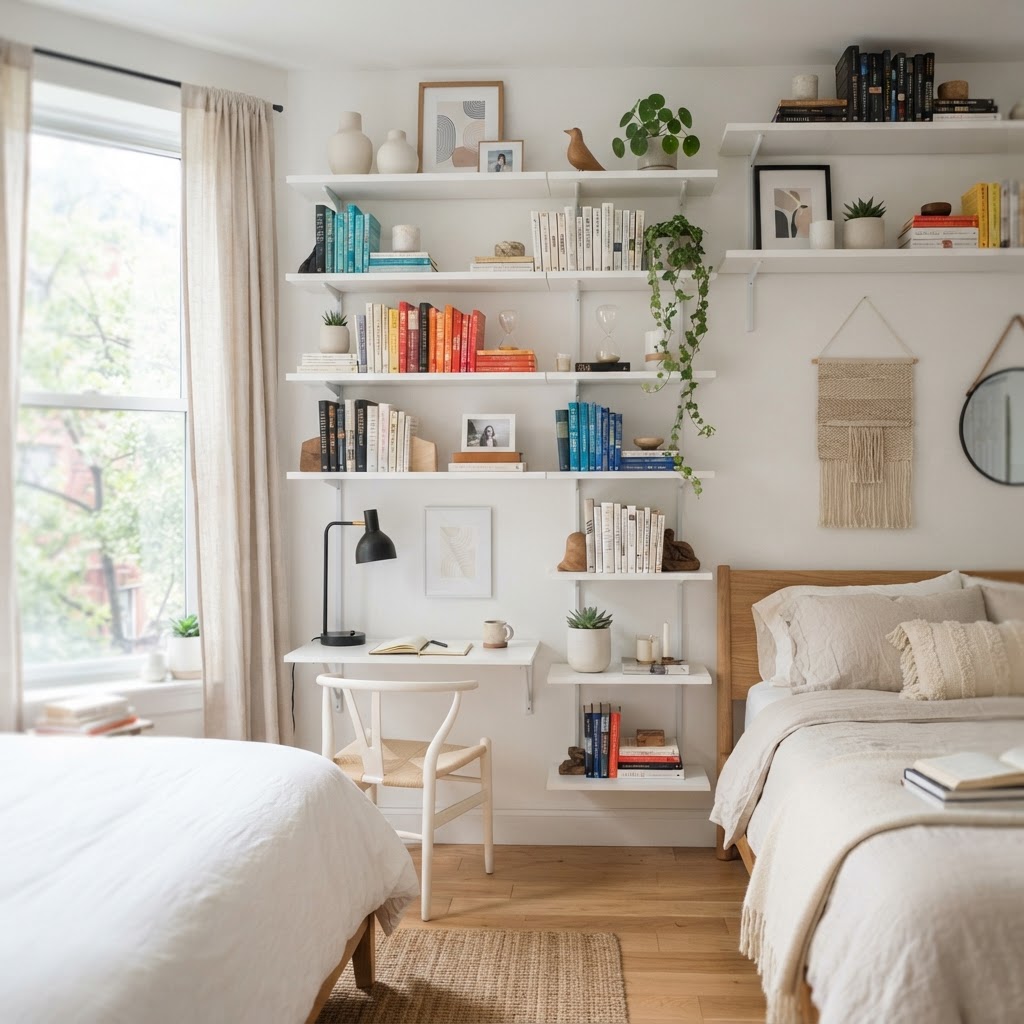 Floating shelves make great use of vertical space without cluttering the room.