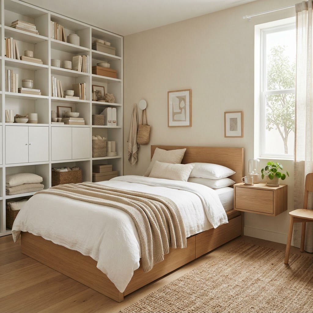 Go vertical with floor-to-ceiling shelving to keep your surfaces clear and your room feeling airy.