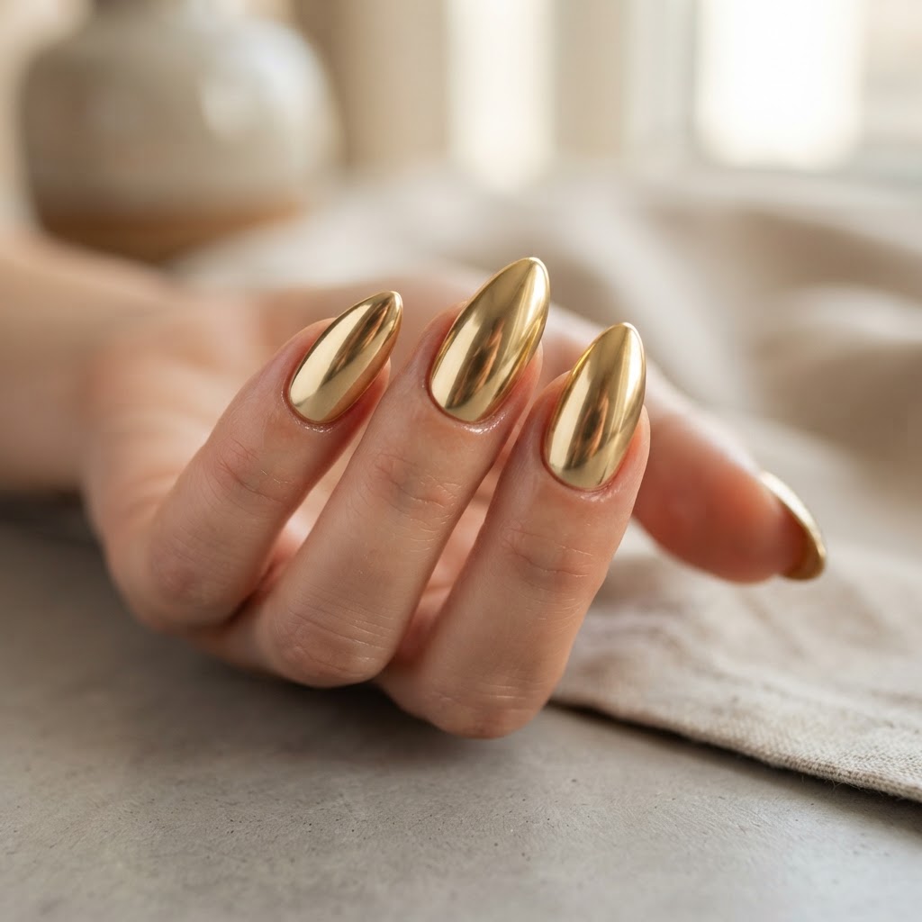 The flawless mirror-shine finish of It Girl Gold Chrome Almond Nails.
