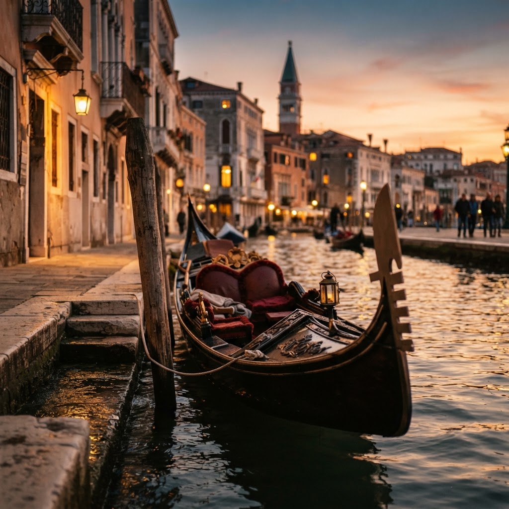 A moored gondola captured during the most peaceful time of day in Venice.