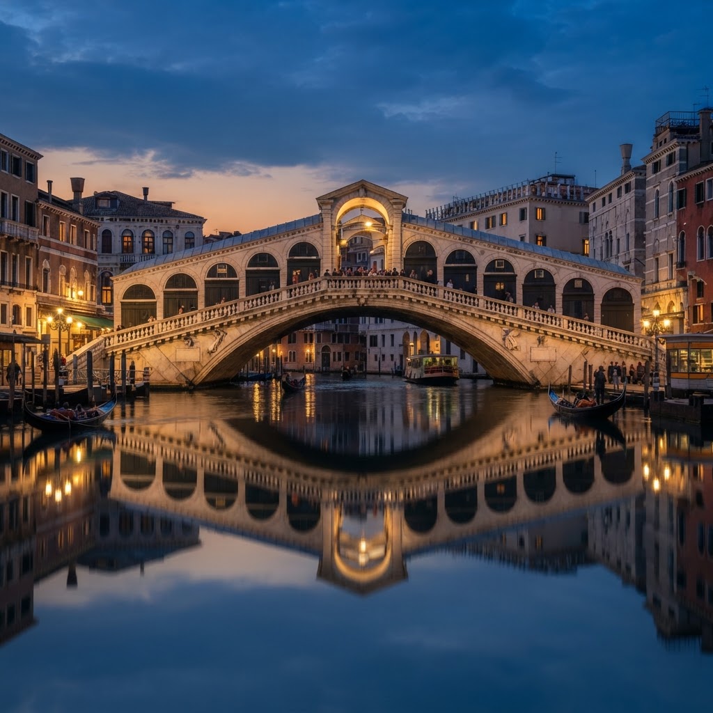 Venice in Soft Morning Light: A Photographer's Guide 5 The tranquil reflection of the Rialto bridge at the break of dawn.