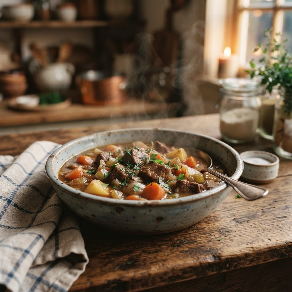 A hearty, delicious bowl of slow cooker beef stew served warm.