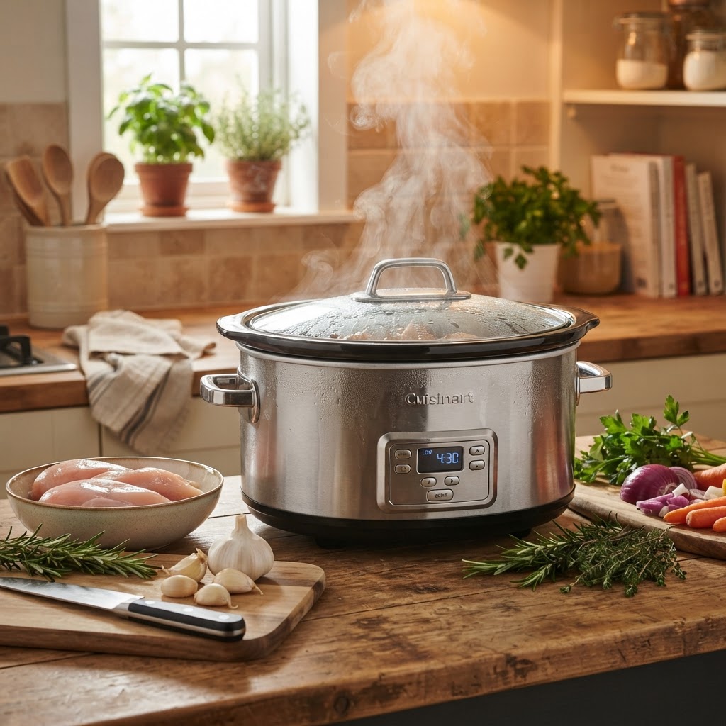 Preparing a healthy chicken dinner in the slow cooker.
