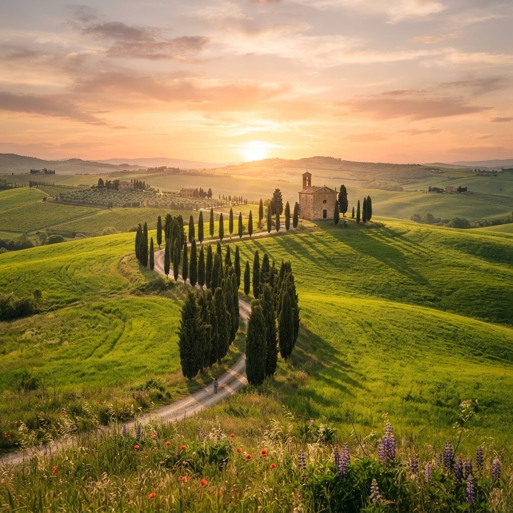 The iconic rolling hills of the Val d'Orcia at sunset.