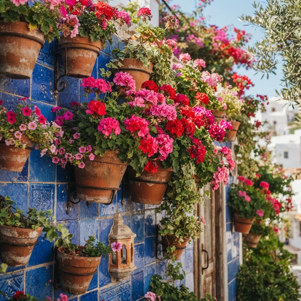 Detailed view of iconic Spanish wall-mounted flower pots.