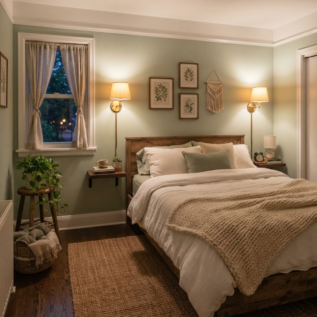A serene and cozy bedroom corner.