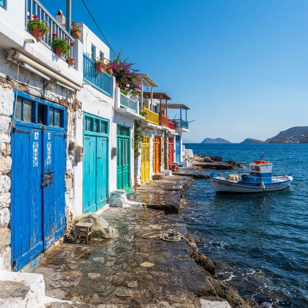 Colorful boat house doors in the fishing village of Klima, Milos.
