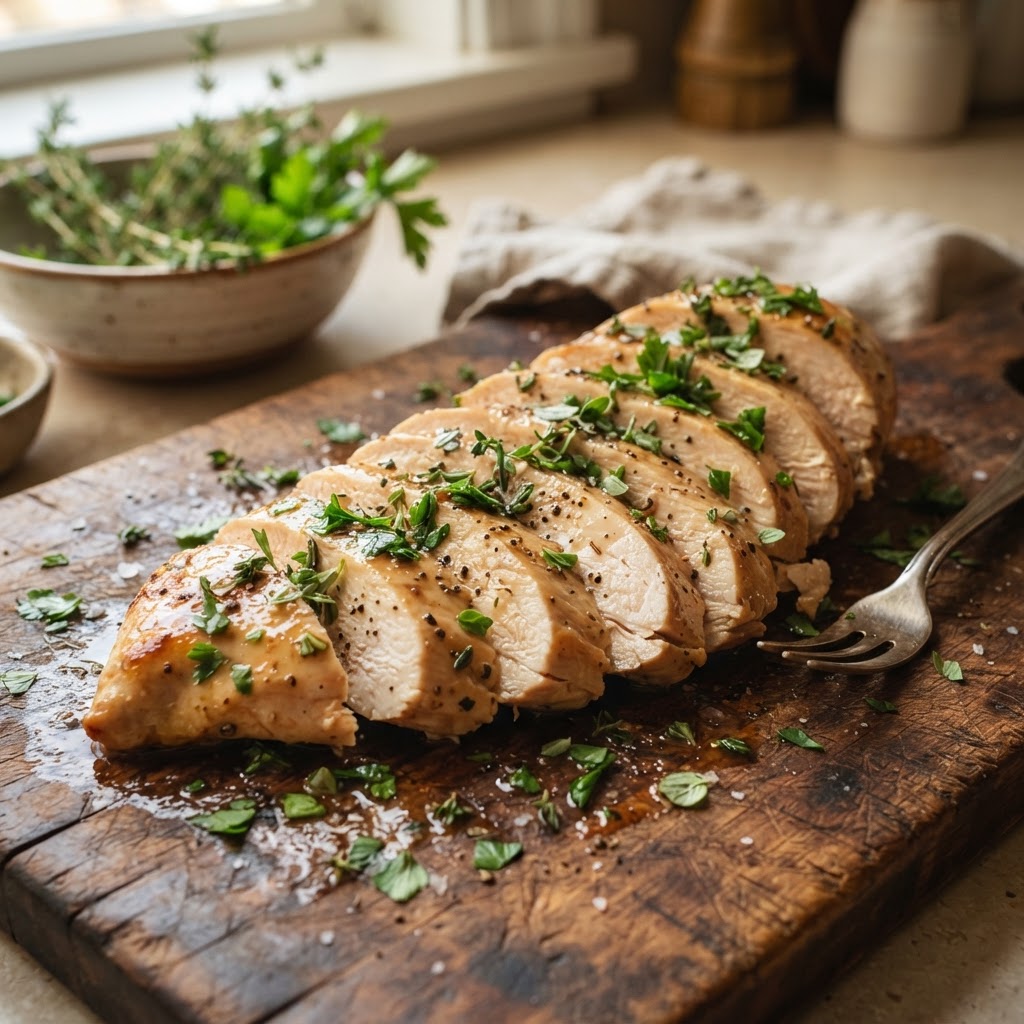 Perfectly tender, slow-cooked chicken breast.