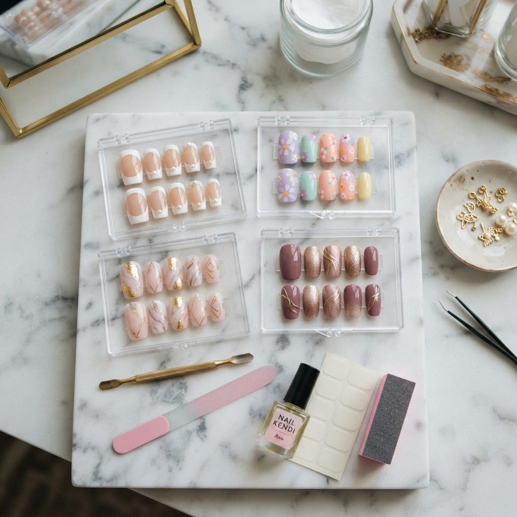 A collection of trendy press-on nail designs ready for application.