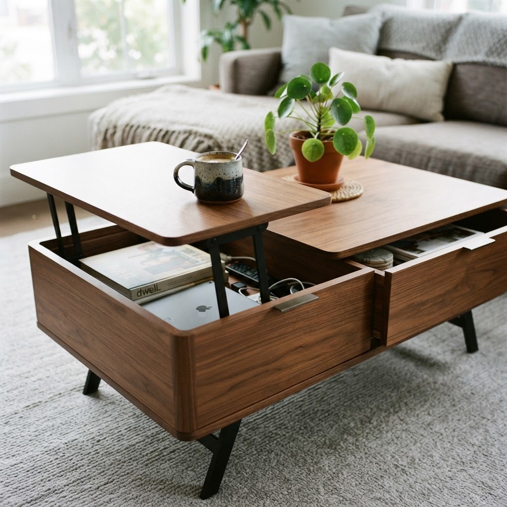 A clever coffee table with hidden storage keeps your space clutter-free.