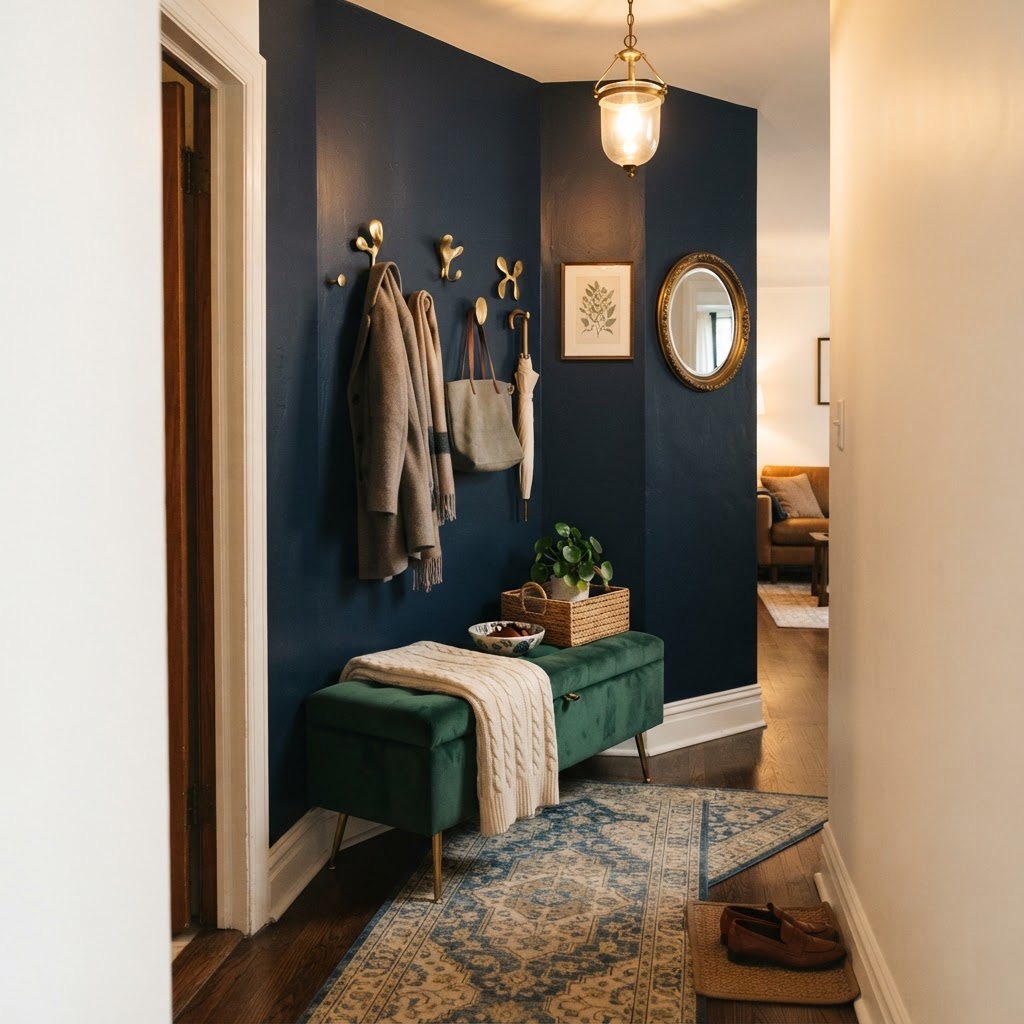 Sculptural hooks and a small bench turn a tricky corner into a functional drop zone.