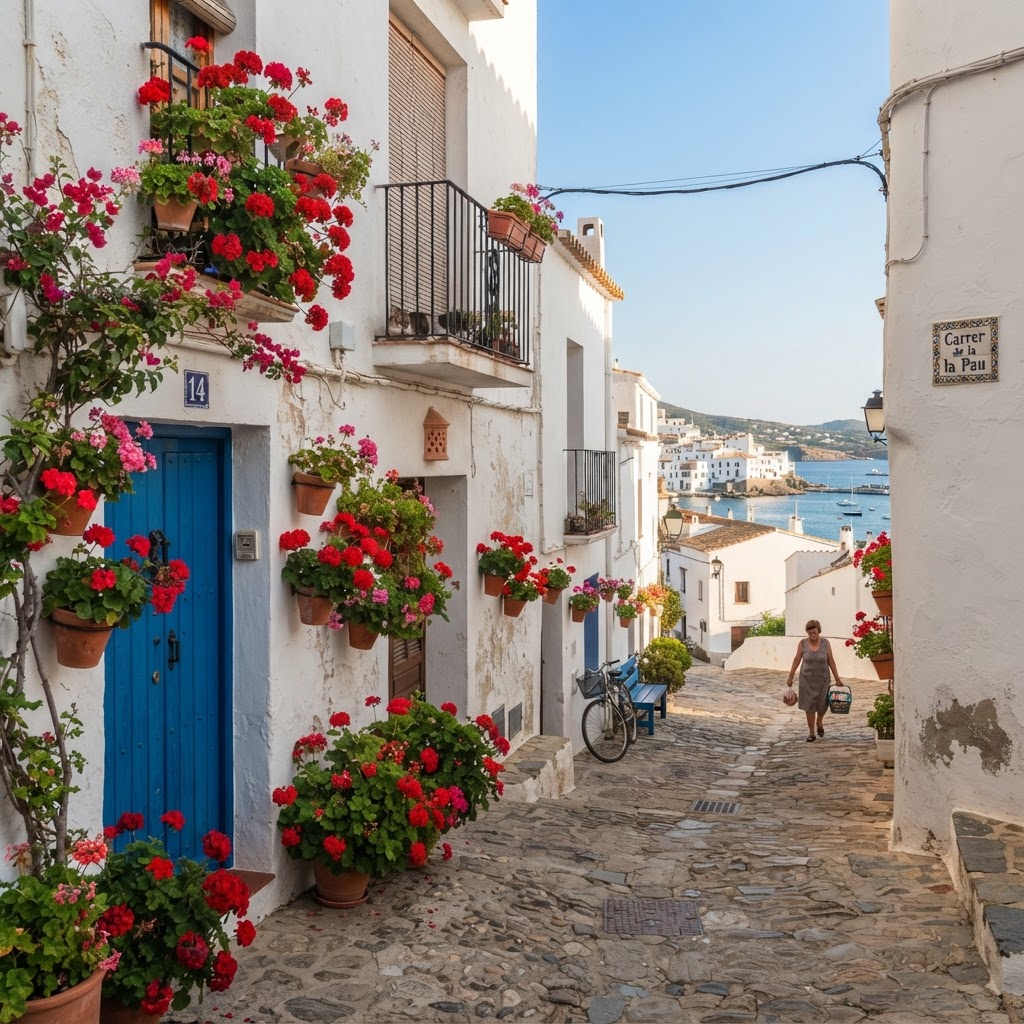 The quiet, floral-lined streets that define the charm of small Spanish coastal towns.