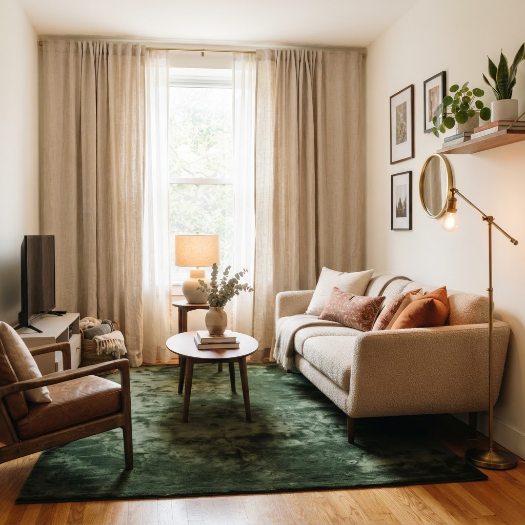 Floor-to-ceiling drapes and layered lighting can instantly make a small space feel expansive and luxurious.