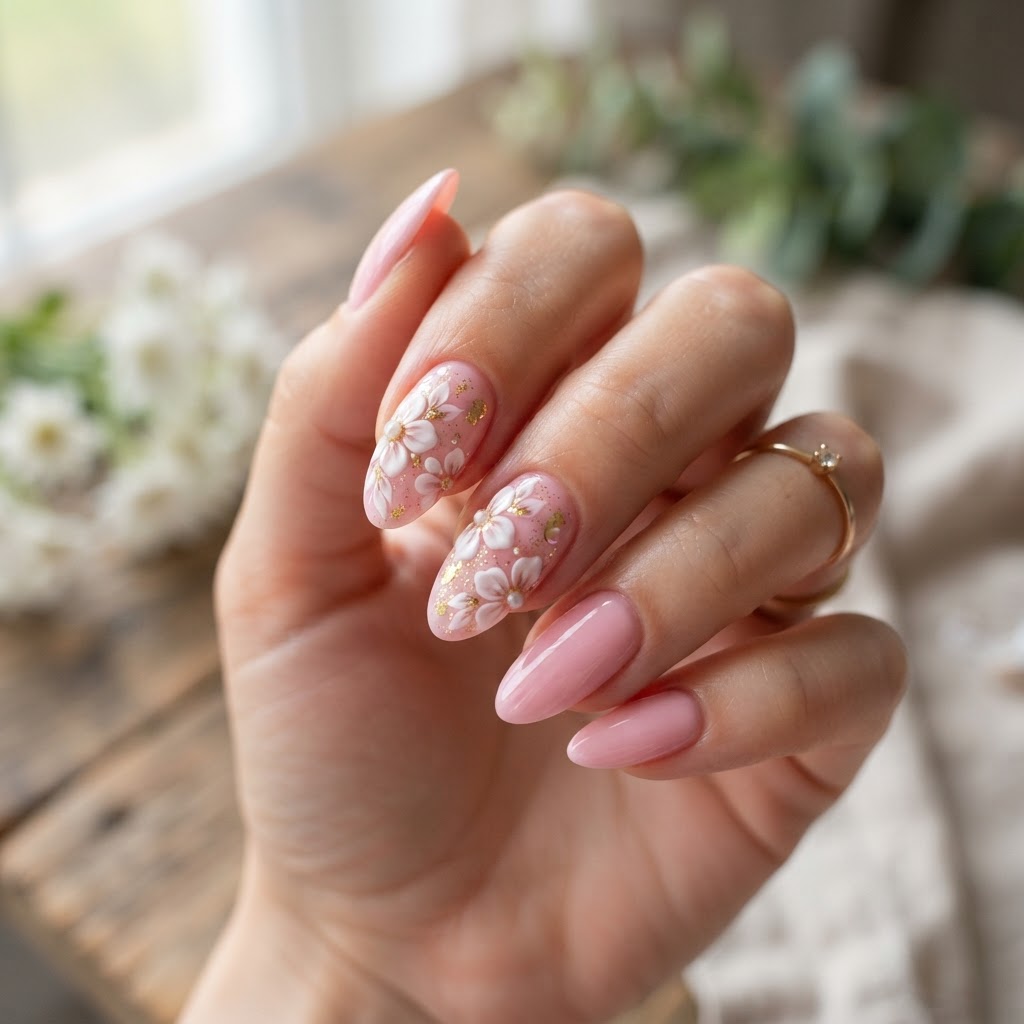 Stunning 3D floral details on almond-shaped press-on nails.