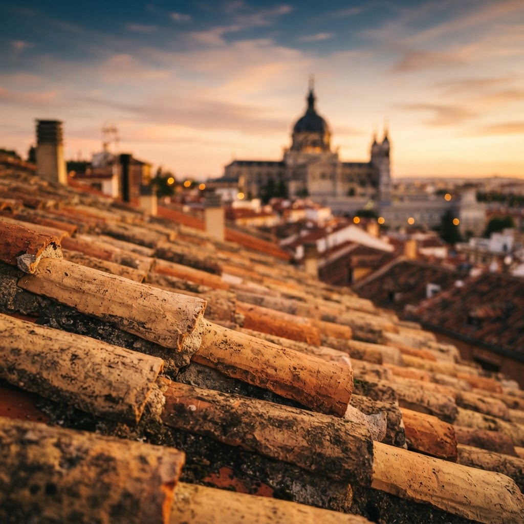 The warm, historic textures of Madrid at dusk.