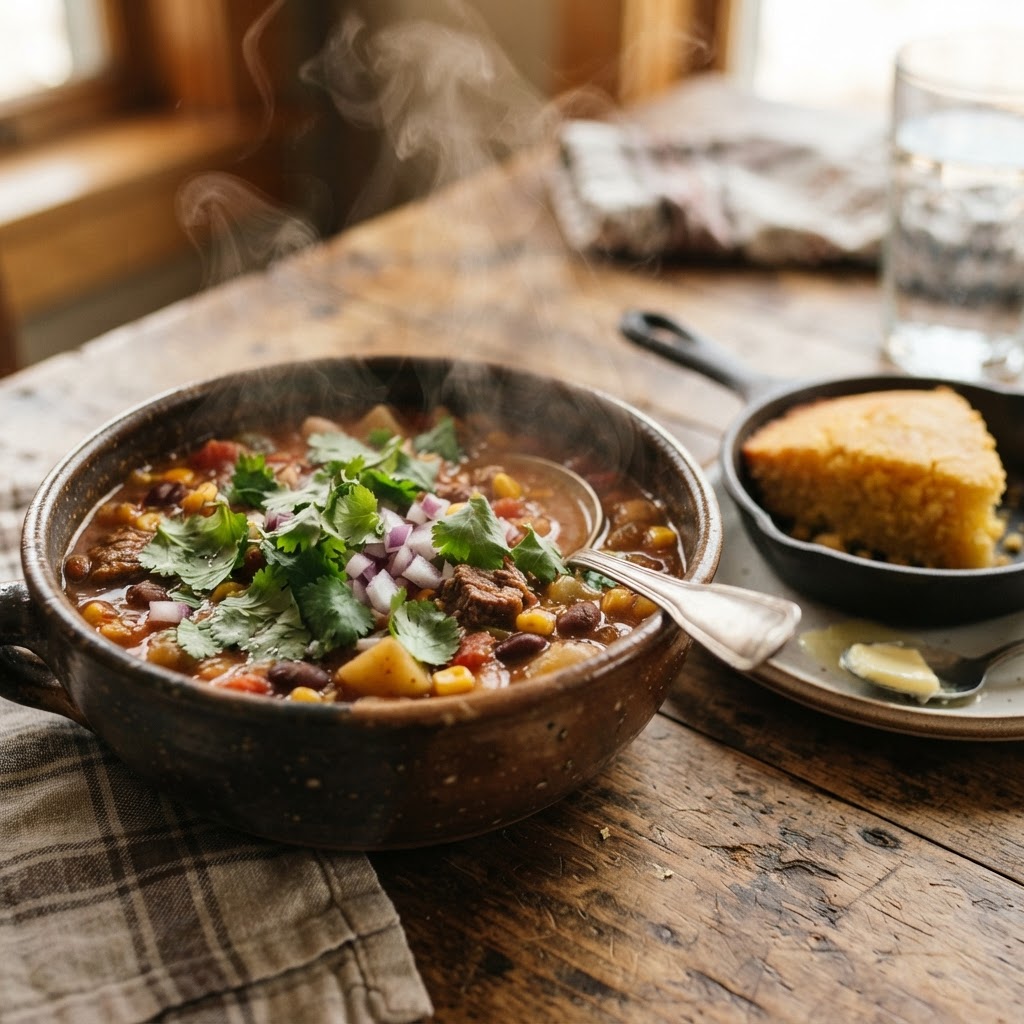 A delicious, ready-to-serve bowl of Cowboy Soup served with fresh cornbread.