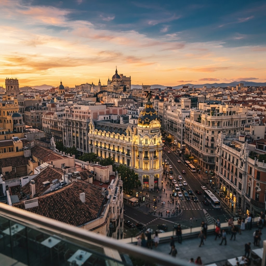 The golden glow of sunset over the rooftops of Madrid.
