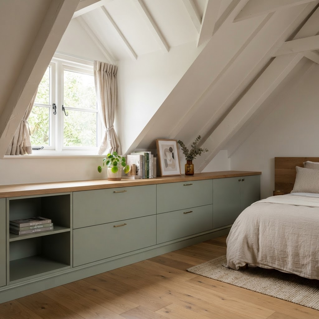 Custom cabinets make the most of sloped attic walls.