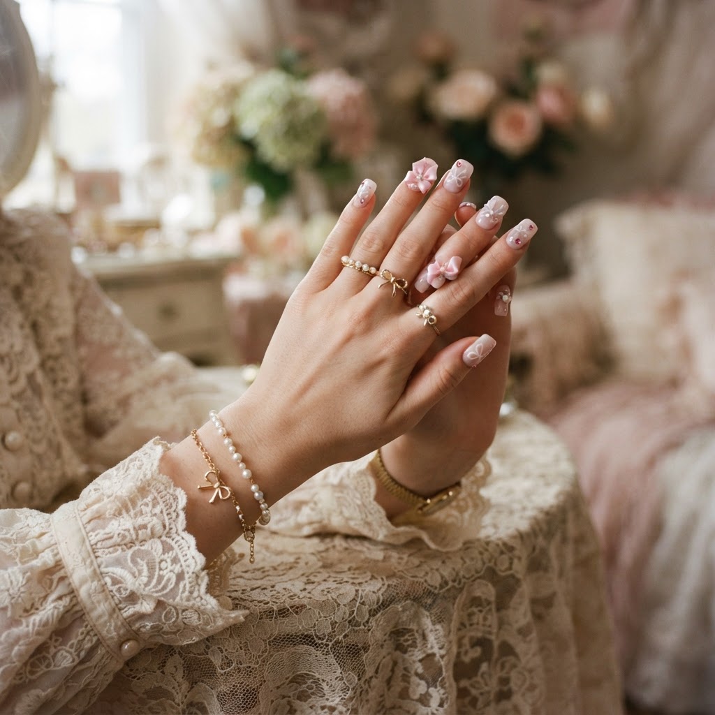 Elegant aesthetic styling with coquette nails.