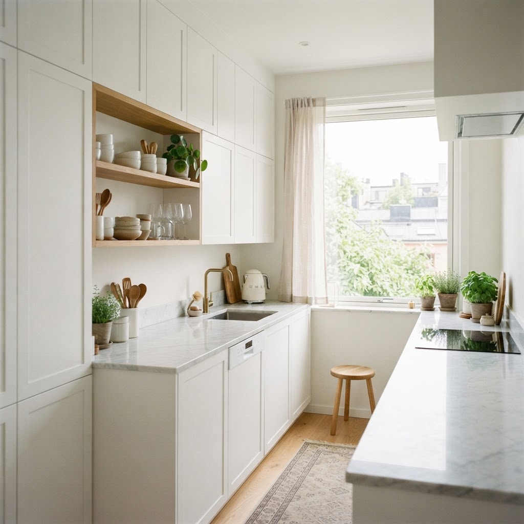 Maximize vertical space with floor-to-ceiling cabinetry and floating shelves.