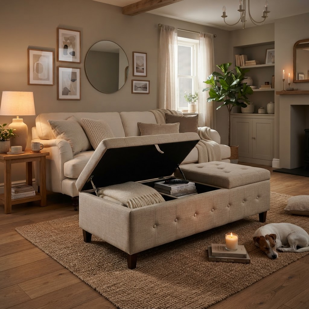A hidden storage ottoman is a small apartment must-have.