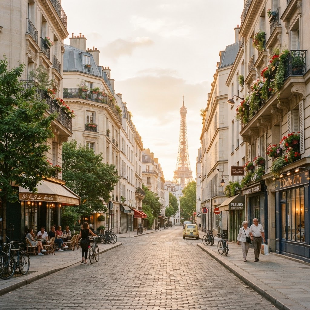 The quiet, sun-drenched streets of the 7th arrondissement embody the timeless Parisian aesthetic.