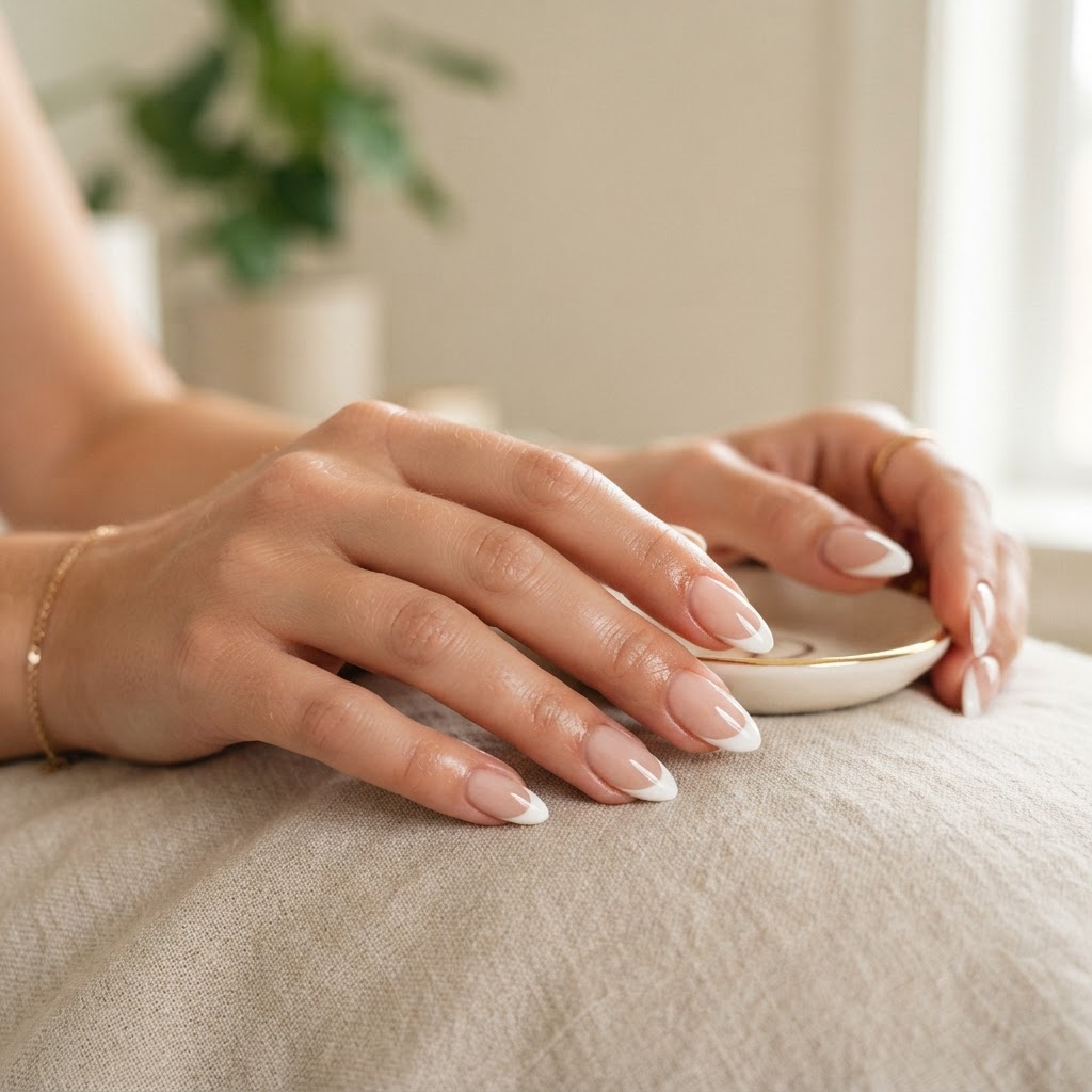 Classic almond-shaped French tip press-on nails offer timeless elegance.