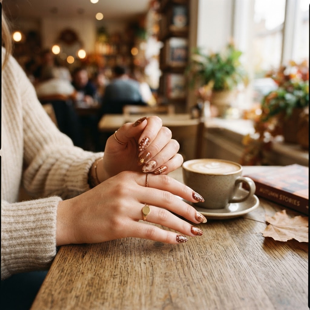 Perfect your autumn style with elegant, cafe-inspired press-on nails.